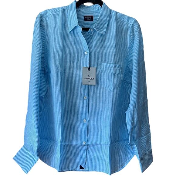 NWT Untuckit Women's Linen Button Up Sherry Shirt Long Sleeve Blush Aqua Size 14 - Picture 1 of 11